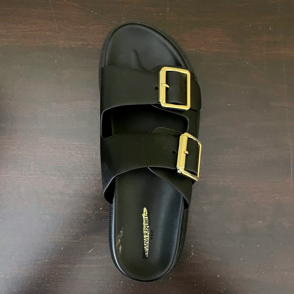 Banana Republic Womens Black Double Buckle Slide Sandals Gold Hardware Size 8 - Picture 6 of 9